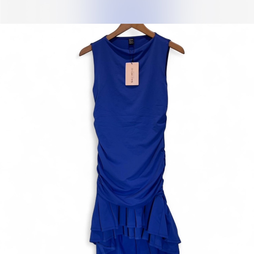 Royal Blue High Low Dress sleeveless ruched bodycon mini dress with a ruffle hem